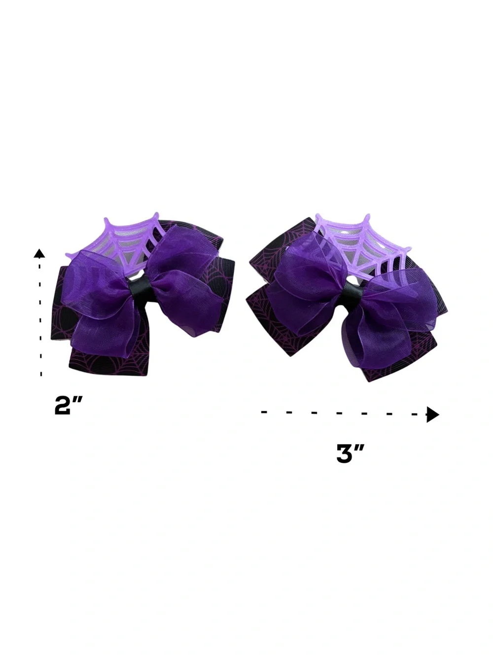 2 Purple Spiderweb Hair Bow Clips - Kids Costume Accessory
